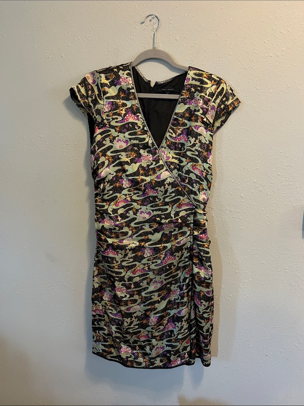 Vintage Marc Jacobs Japanese Silk Bird Cap Sleeve Mini Dress Black Gold